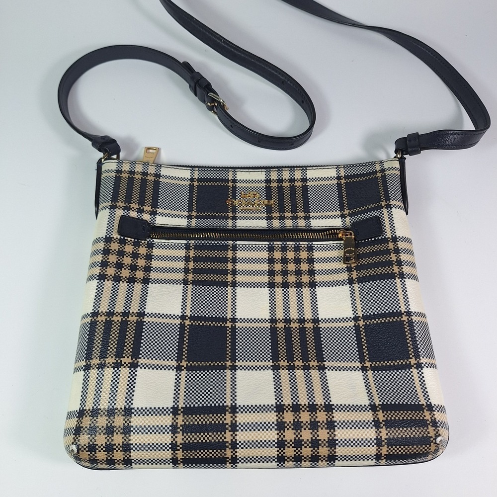 Coach Rowan File Bag C8587 Tartan Plaid Print Crossbody Purse Midnight Multi